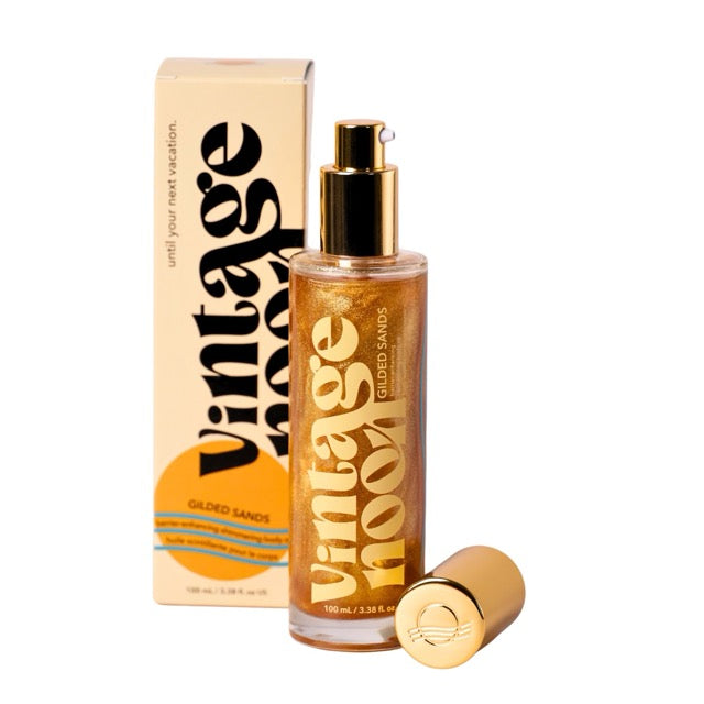 Gilded Sands barrier-enhancing shimmering body oil 100mL bottle and packaging box suitable for gifting