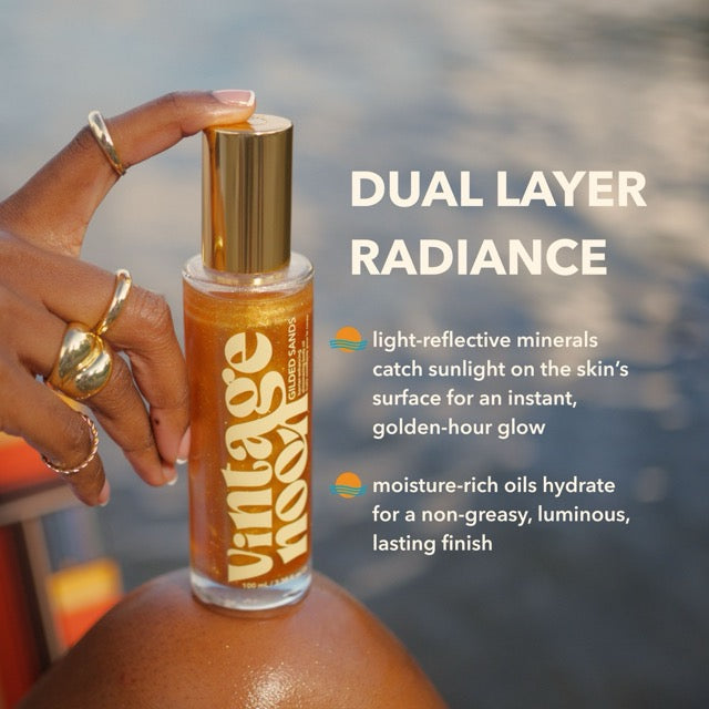 Infographic explaining dual layer radiance of Gilded Sands body oil with light-reflective minerals and moisture-rich oils for golden hour glow