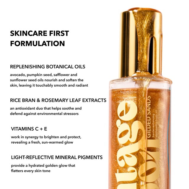 Close up texture shot of shimmering body oil formulation highlighting replenishing botanical oils and Vitamin C plus E ingredients