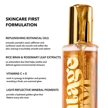 Close up texture shot of shimmering body oil formulation highlighting replenishing botanical oils and Vitamin C plus E ingredients