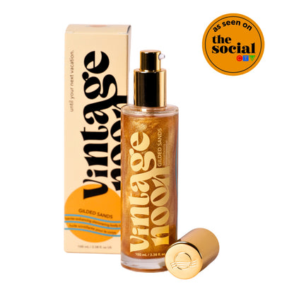 Gilded Sands non-greasy shimmering body oil bottle by Vintage Noon, featured on CTV&